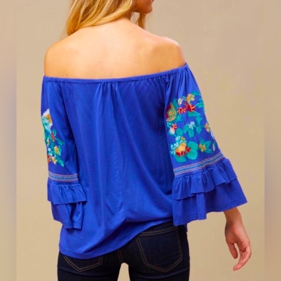 Altar’d State Boho Embroidered Floral Bell Sleeve Off The Shoulder Blouse - Picture 2 of 14